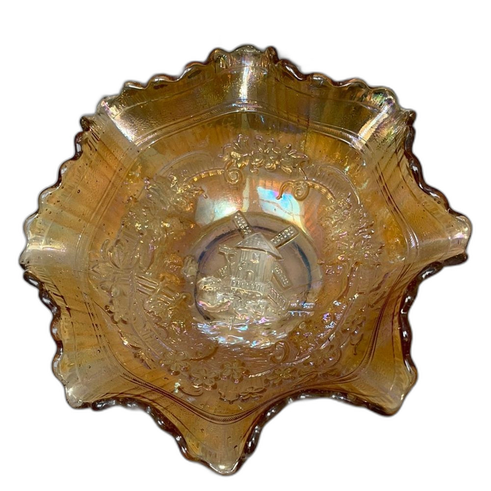 Vintage carnival golden windmill Iridescent Amber Glass Bowl 3H in x 8D in
